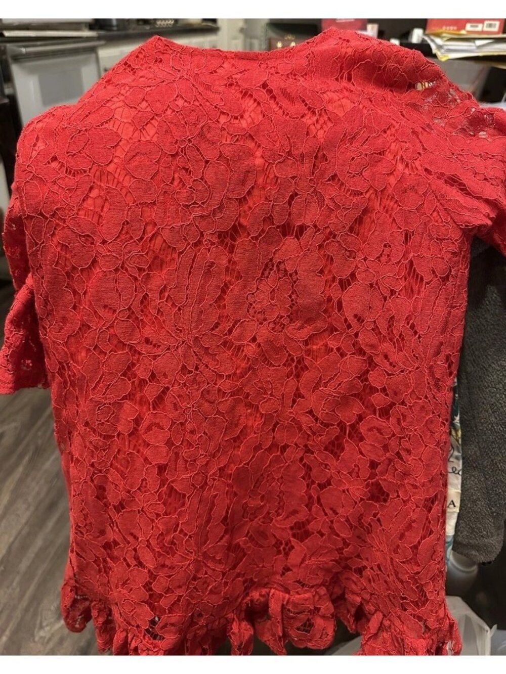 Red Lace Girls Dress Size 120 (5-6), Ruffles on Bottom & Flared Sleeve
